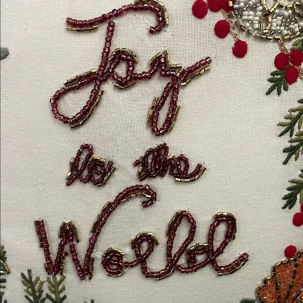Embroidered beaded Pillow shells, sea-stars, sand dollar Wreath Joy to the World